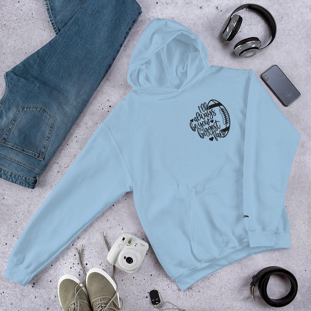 Light blue football mom hoodie with heart and text