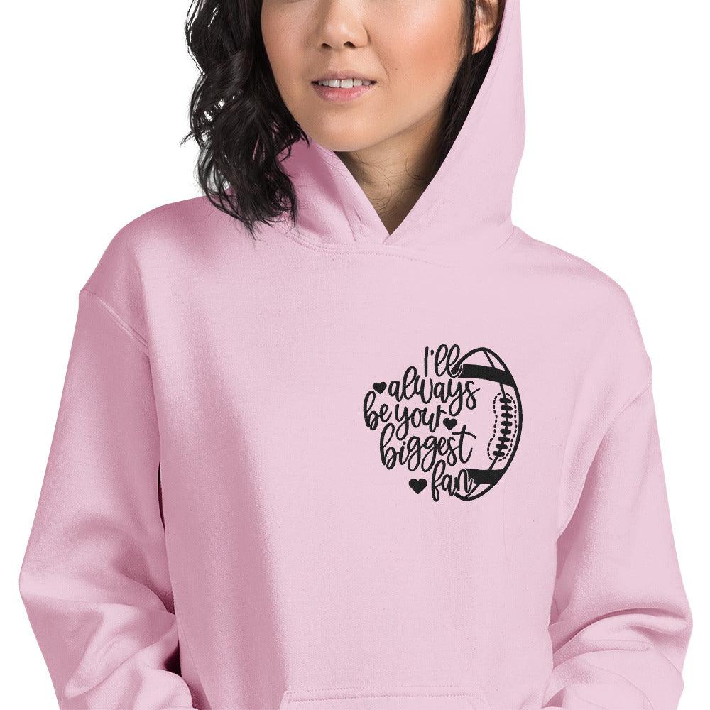 Pink football mom hoodie with fan heart design