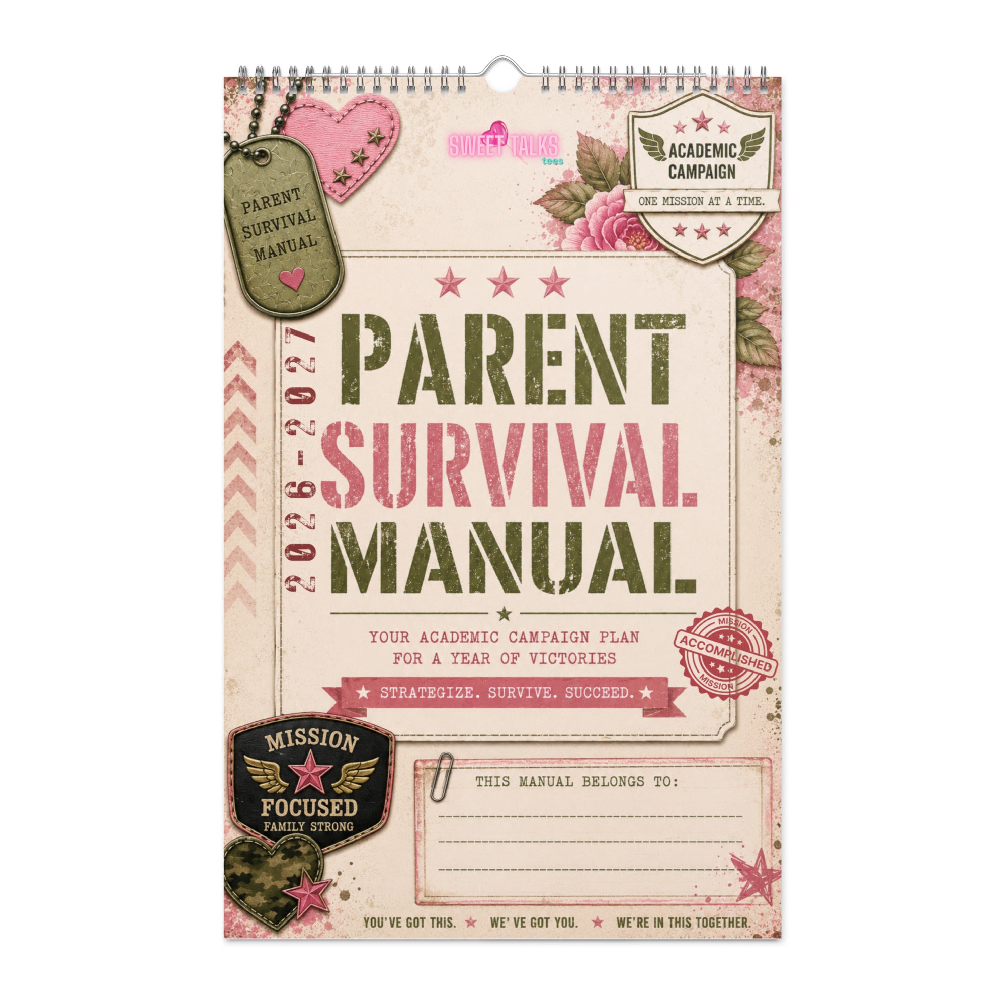 Parent Survival Manual 2026–2027 academic calendar cover in vintage pink, olive green and cream
