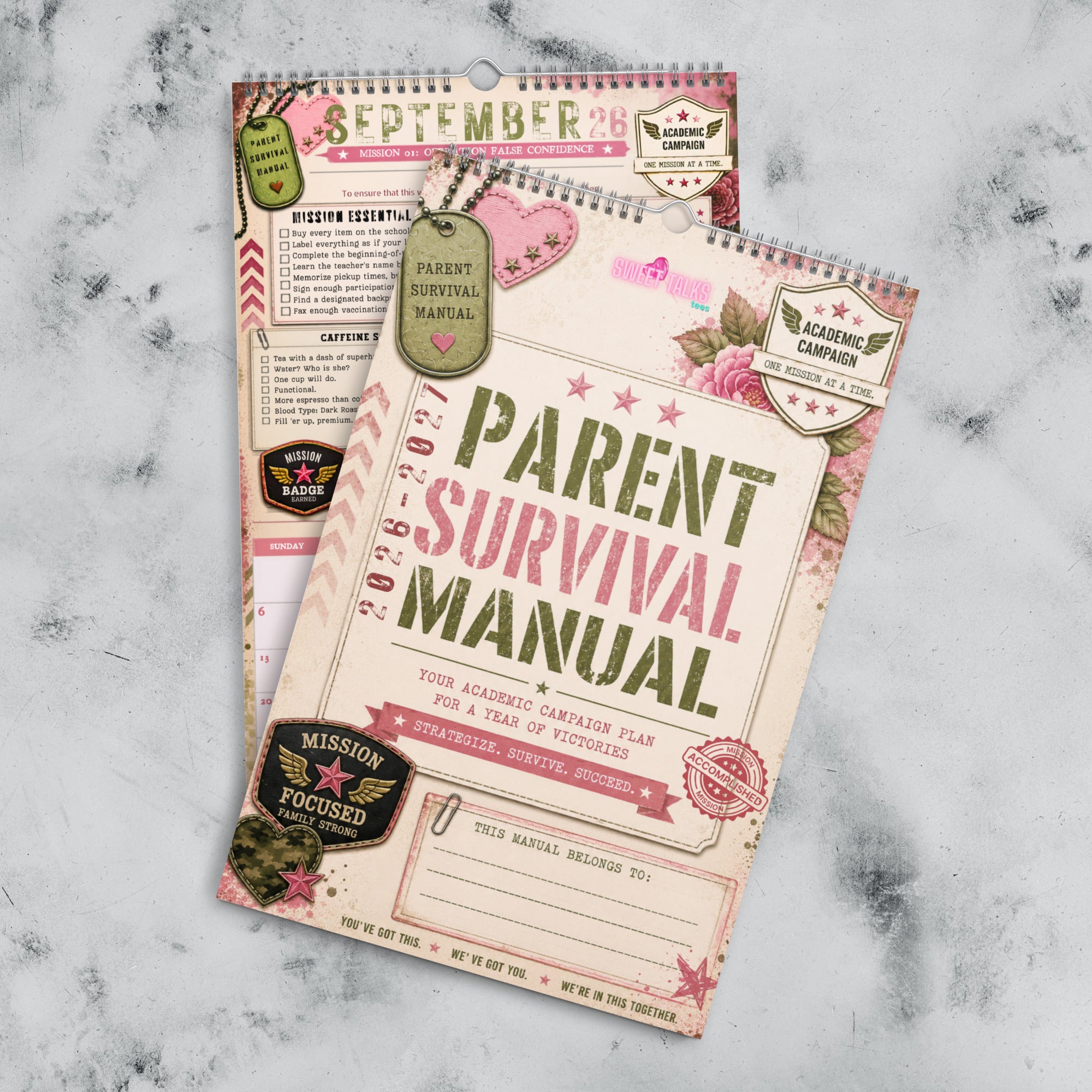 Parent Survival Manual academic calendar with 2026–2027 cover and September parent planning page