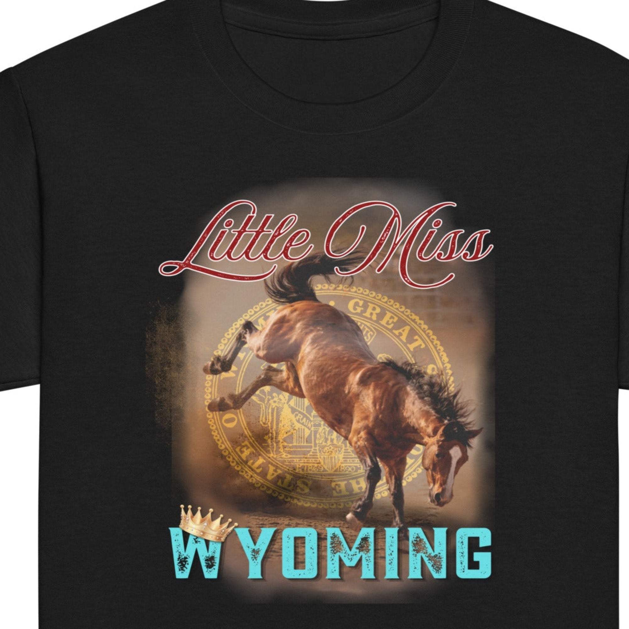 little miss wyoming youth t shirt with western cowgirl graphic design