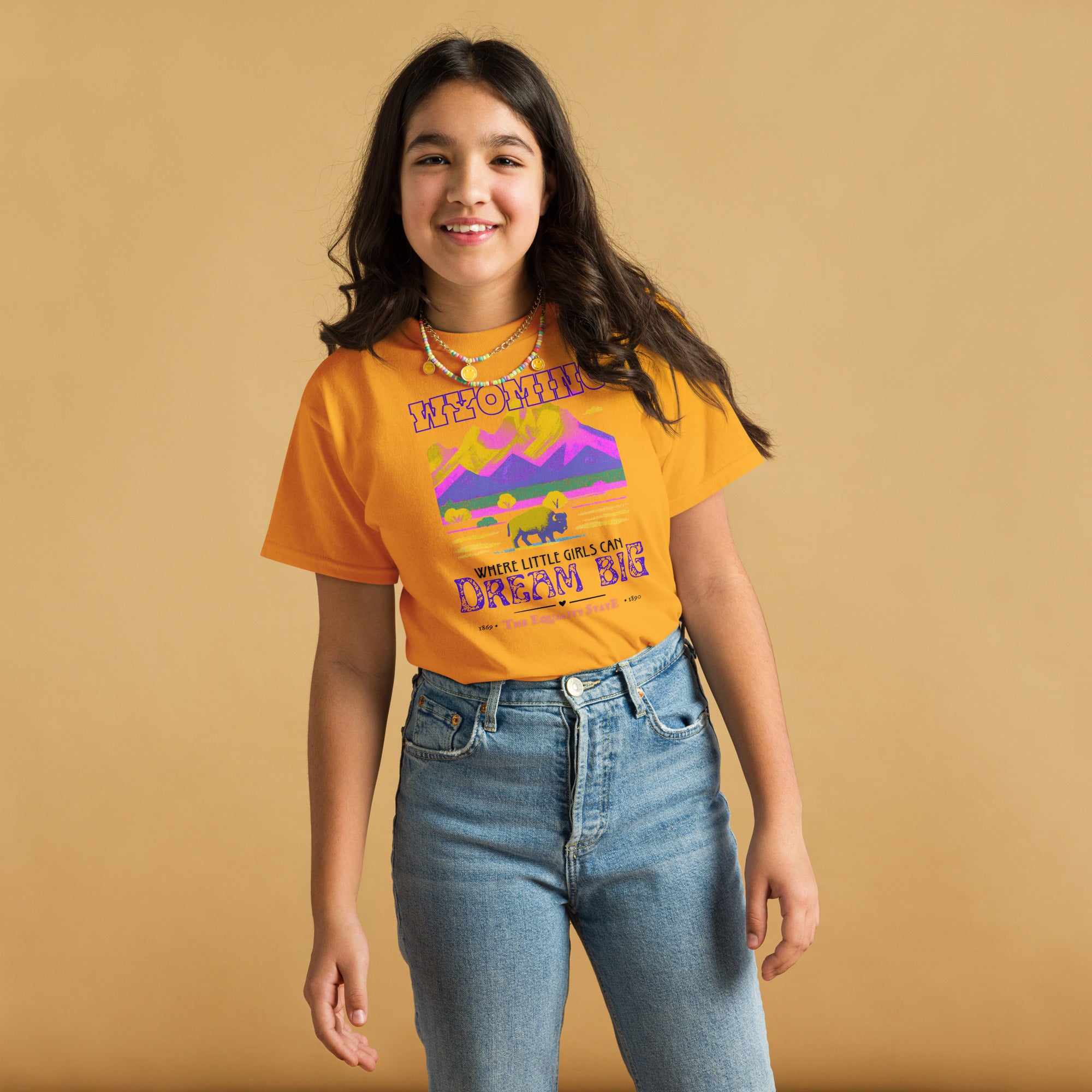 youth tee with colorful mountains and buffalo graphic design
