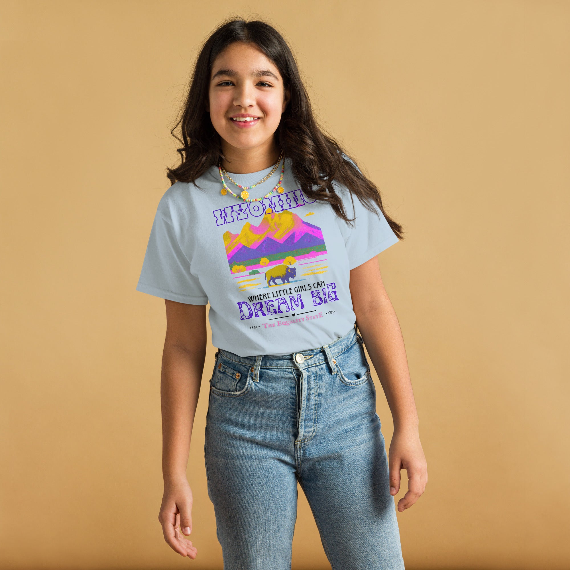youth tee with colorful mountains and buffalo graphic design