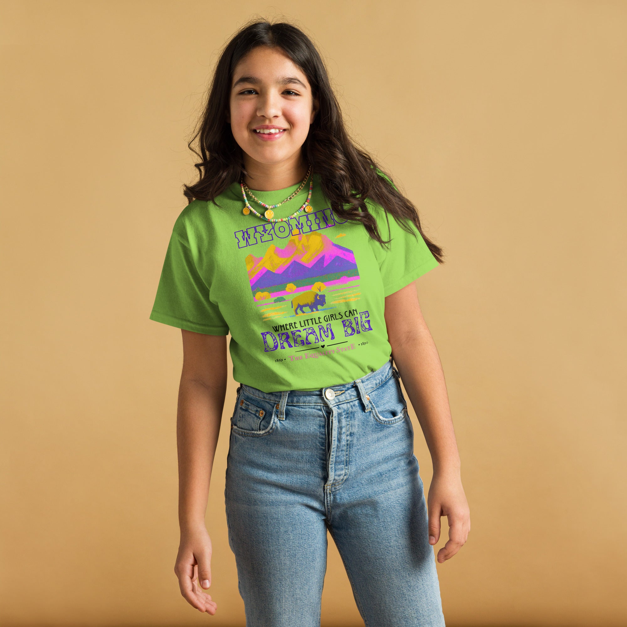 wyoming equality state youth t shirt with colorful western mountain and buffalo design